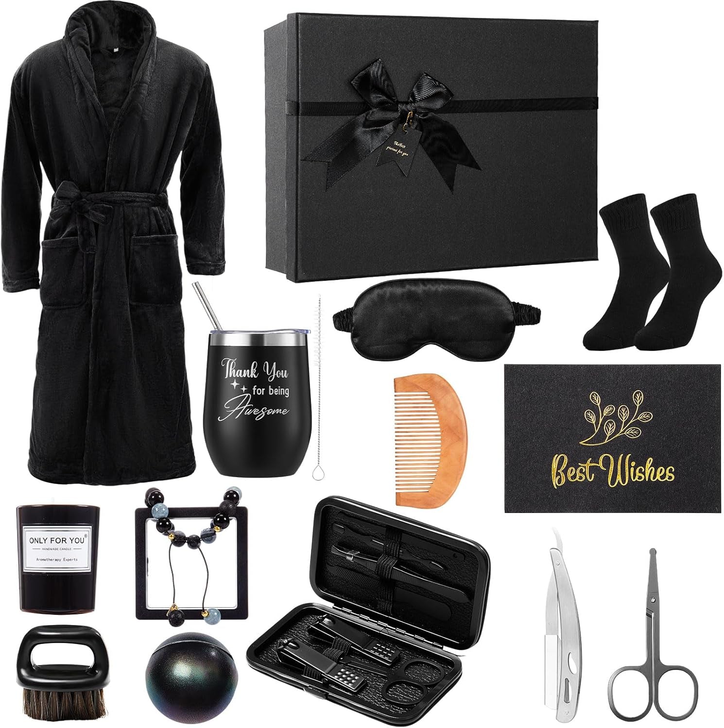 15 Pcs Birthday Gifts for Men Beard Care Set for Him Father'S Day Gifts Basket Ideas Kit for Men Tumbler Bath Robe for Dad Husband Boyfriend Box(Black)