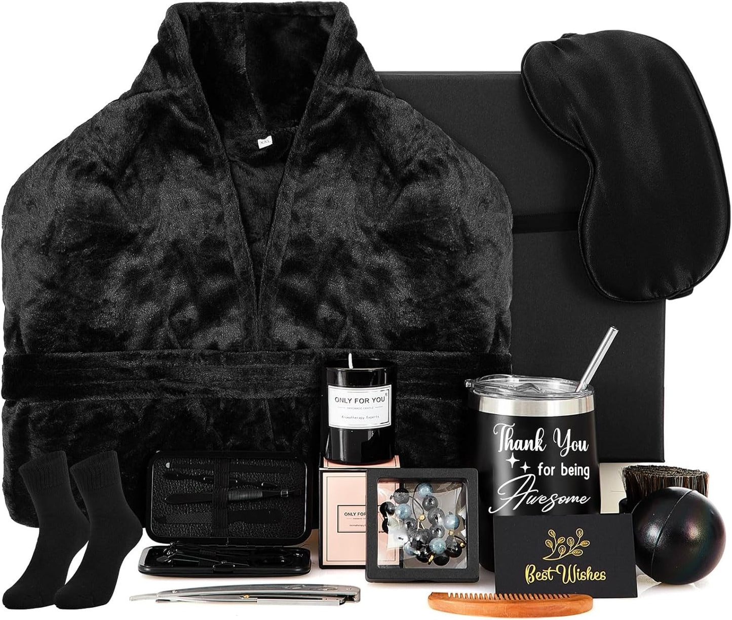 15 Pcs Birthday Gifts for Men Beard Care Set for Him Father'S Day Gifts Basket Ideas Kit for Men Tumbler Bath Robe for Dad Husband Boyfriend Box(Black)
