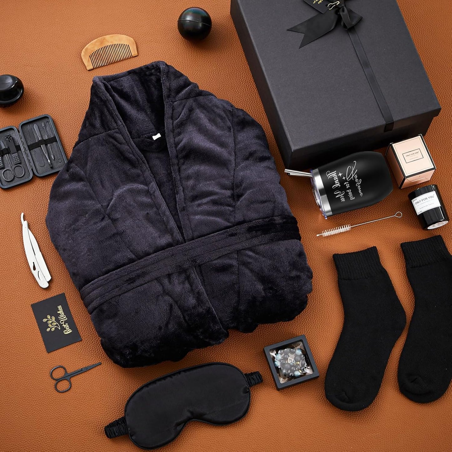 15 Pcs Birthday Gifts for Men Beard Care Set for Him Father'S Day Gifts Basket Ideas Kit for Men Tumbler Bath Robe for Dad Husband Boyfriend Box(Black)