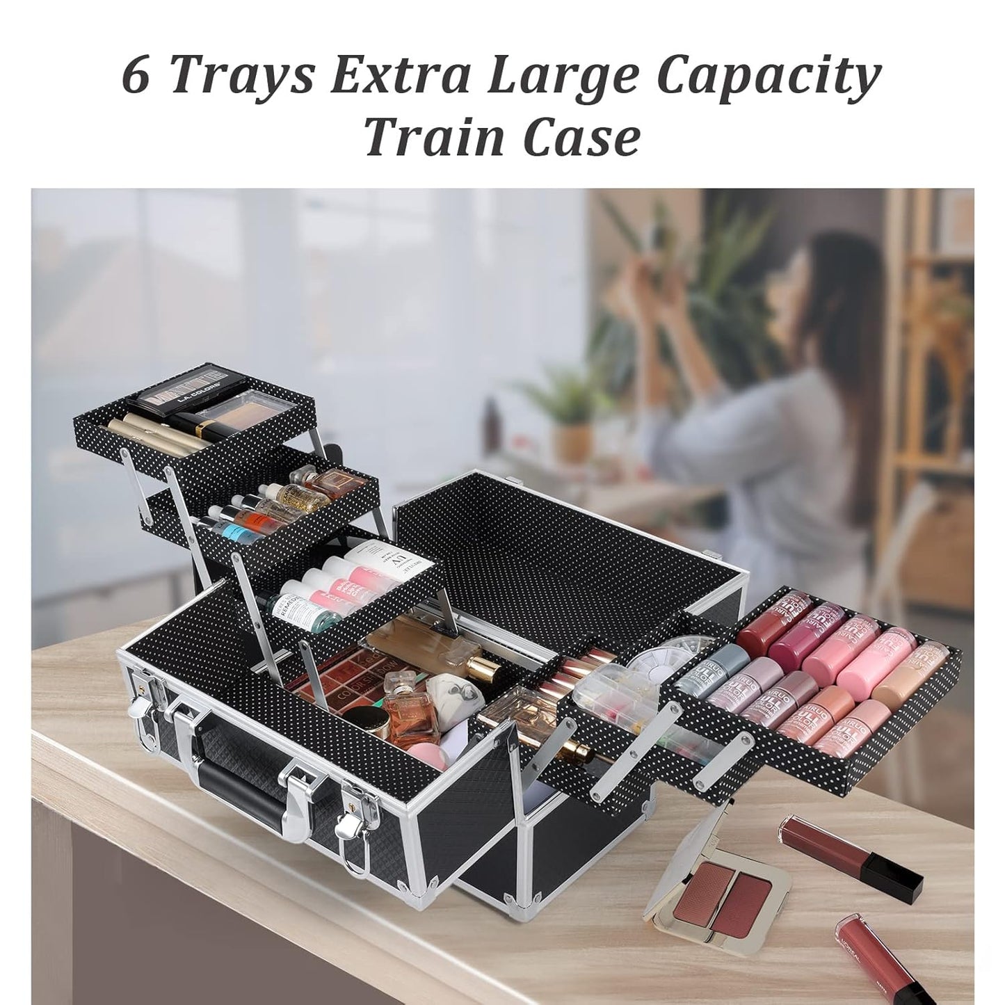 Makeup Train Case 12 Inch Large Portable Cosmetic Case - 6 Tier Trays Professional Makeup Storage Organizer Box Make up Carrier with Lockable Keys Travel Case for Women and Girls - Black
